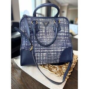 ⚡️ Prada Navy White Tweed Saffiano Leather Satchel Bag w/ Strap 💙